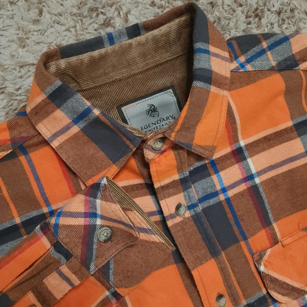 Legendary Whitetails Flannel Shirt Mens M Orange Plaid Corduroy Collar Cotton